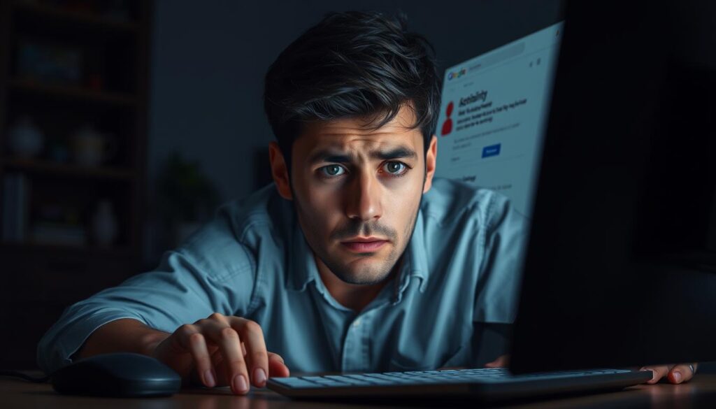 A close-up view of a worried individual sitting at a desk, staring intently at a computer screen displaying suspicious activity on a Google account, including alert icons and red flags. The foreground features diverse digital elements like a mouse and keyboard, while the middle layer focuses on the person's stressed expression, showcasing their concern. The background includes a dimly lit room with a soft glow from the screen, reflecting the seriousness of the situation. The atmosphere is tense and foreboding, evoking a sense of urgency and vulnerability. Use soft, ambient lighting to highlight the contrasting emotions of the individual, emphasizing the importance of recognizing signs of potential hacking attempts on their Google account.