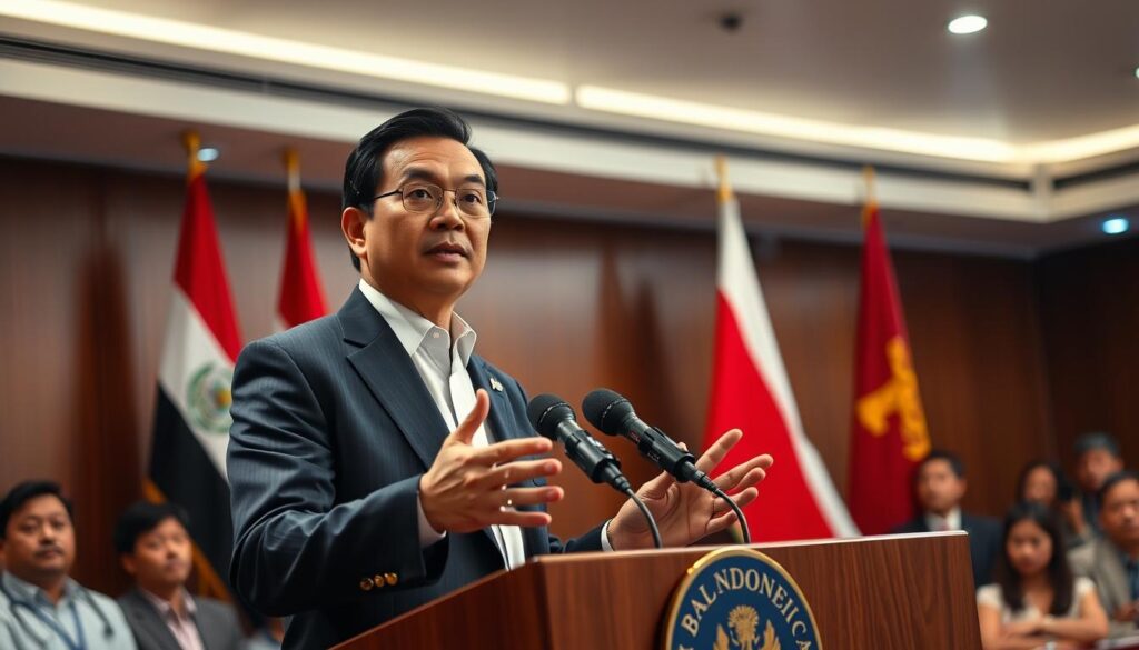 A confident Indonesian governor stands at a podium, gesturing emphatically during a press conference. He is dressed in a formal suit, exuding authority and determination. The scene is set in a well-lit governmental conference room, with bright lights focused on him, creating a spotlight effect. In the background, flags of Indonesia and Bali are displayed prominently, adding to the official atmosphere. The audience can be seen, captivated and engaged, with a mix of journalists and advisors in modest professional attire. The overall mood is serious yet composed, reflecting the governor's strong rebuttal against claims of declining tourism, emphasizing his commitment to transparency and data-driven statements. The angle captures his assertive stance from a slightly low perspective, enhancing his authoritative presence.