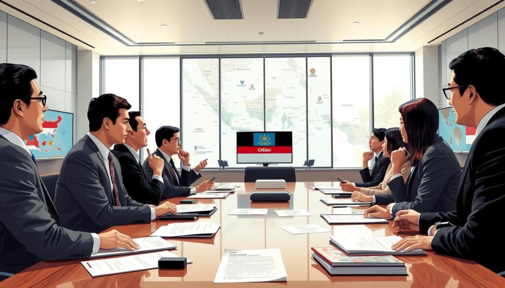 A detailed illustration of the legal formation process in Indonesia, showcasing a diverse group of professionals in a conference room setting. In the foreground, depict individuals in professional business attire engaged in animated discussion, with papers and legal documents spread across the table. In the middle ground, include a large map of Indonesia and legal texts displayed on screens, reflecting the country's legal evolution. The background should feature a large window allowing natural light to flood the room, enhancing the collaborative atmosphere. Use a wide-angle lens perspective to capture the extensive details of the setting, aiming for a clear, bright lighting that conveys a focused and analytical mood, emphasizing the dynamics of law formation in Indonesia. A detailed illustration of the legal formation process in Indonesia, showcasing a diverse group of professionals in a conference room setting. In the foreground, depict individuals in professional business attire engaged in animated discussion, with papers and legal documents spread across the table. In the middle ground, include a large map of Indonesia and legal texts displayed on screens, reflecting the country's legal evolution. The background should feature a large window allowing natural light to flood the room, enhancing the collaborative atmosphere. Use a wide-angle lens perspective to capture the extensive details of the setting, aiming for a clear, bright lighting that conveys a focused and analytical mood, emphasizing the dynamics of law formation in Indonesia.