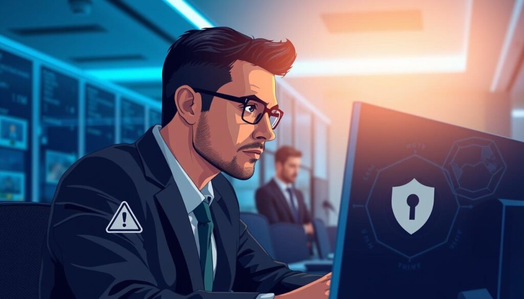 A digital illustration emphasizing cybersecurity awareness. In the foreground, a professional-looking individual wearing business attire is intently observing a computer screen, their expression focused and vigilant. In the middle ground, visual elements like warning icons and shield symbols evoke a sense of caution against phishing threats. The background features a sleek, modern office environment with subtle blue lighting, creating a high-tech atmosphere. The overall mood is serious yet hopeful, conveying the importance of safeguarding personal information against cyber threats. The image should be well-composed with a slight depth of field effect, focusing on the individual while gently blurring the background elements.
