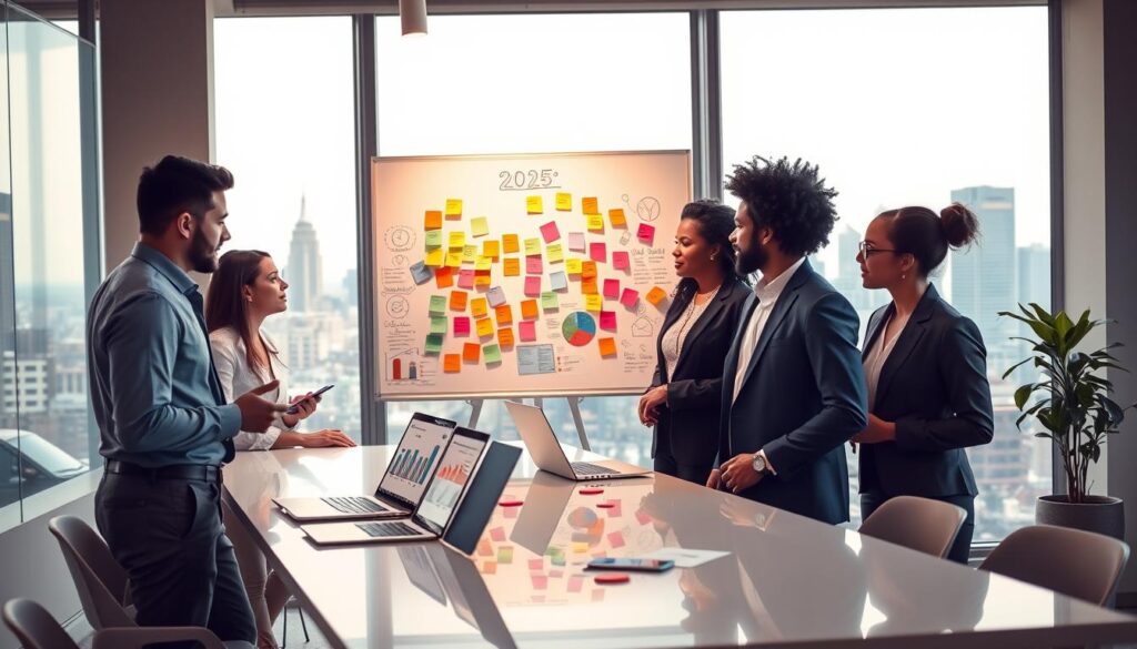 A modern and vibrant office setting filled with people brainstorming business ideas for the year 2025. In the foreground, a diverse group of three professionals in professional business attire stands around a sleek table with laptops open, showcasing charts and graphs. In the middle, large windows allow natural light to flood the room, illuminating a whiteboard covered with colorful sticky notes representing various viral business concepts. In the background, a city skyline is visible through the glass, symbolizing innovation and a forward-thinking mindset. The atmosphere is energetic and collaborative, reflecting a sense of excitement for emerging business trends. Soft, warm lighting enhances the welcoming and motivational vibe of the environment. A modern and vibrant office setting filled with people brainstorming business ideas for the year 2025. In the foreground, a diverse group of three professionals in professional business attire stands around a sleek table with laptops open, showcasing charts and graphs. In the middle, large windows allow natural light to flood the room, illuminating a whiteboard covered with colorful sticky notes representing various viral business concepts. In the background, a city skyline is visible through the glass, symbolizing innovation and a forward-thinking mindset. The atmosphere is energetic and collaborative, reflecting a sense of excitement for emerging business trends. Soft, warm lighting enhances the welcoming and motivational vibe of the environment.