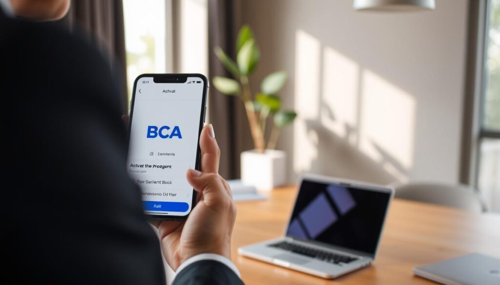 A modern mobile banking interface displayed on a smartphone with the BCA logo prominently featured. In the foreground, a person in professional business attire is holding the phone, appearing focused and engaged while activating the app. The middle ground showcases a stylish, contemporary office setting with a wooden desk and a laptop, emphasizing a productive atmosphere. Soft, natural light pours in from a window, casting a warm ambiance. The background reveals a subtle hint of greenery through the window, adding to the inviting feel of the workspace. The overall mood is one of efficiency and modernity, capturing the essence of activating financial transaction features on a mobile banking app. A modern mobile banking interface displayed on a smartphone with the BCA logo prominently featured. In the foreground, a person in professional business attire is holding the phone, appearing focused and engaged while activating the app. The middle ground showcases a stylish, contemporary office setting with a wooden desk and a laptop, emphasizing a productive atmosphere. Soft, natural light pours in from a window, casting a warm ambiance. The background reveals a subtle hint of greenery through the window, adding to the inviting feel of the workspace. The overall mood is one of efficiency and modernity, capturing the essence of activating financial transaction features on a mobile banking app.