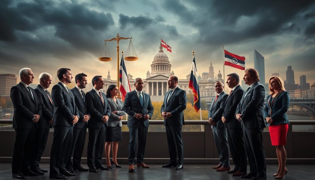 A powerful scene depicting the influence of political power on law enforcement. In the foreground, a diverse group of professionals in business attire stands confidently, representing both politicians and law enforcement officers, engaged in a serious discussion. In the middle ground, symbolic elements like scales of justice and a gavel are artistically intertwined with political symbols, such as flags and a parliament building, illustrating the relationship between law and governance. The background features a dramatic skyline of a city, hinting at the interconnectedness of society and politics. The lighting is dramatic yet balanced, creating an atmosphere of tension and responsibility, with deep shadows to emphasize the gravity of the subject. The perspective is slightly low, giving a sense of authority and urgency to the scene. A powerful scene depicting the influence of political power on law enforcement. In the foreground, a diverse group of professionals in business attire stands confidently, representing both politicians and law enforcement officers, engaged in a serious discussion. In the middle ground, symbolic elements like scales of justice and a gavel are artistically intertwined with political symbols, such as flags and a parliament building, illustrating the relationship between law and governance. The background features a dramatic skyline of a city, hinting at the interconnectedness of society and politics. The lighting is dramatic yet balanced, creating an atmosphere of tension and responsibility, with deep shadows to emphasize the gravity of the subject. The perspective is slightly low, giving a sense of authority and urgency to the scene.
