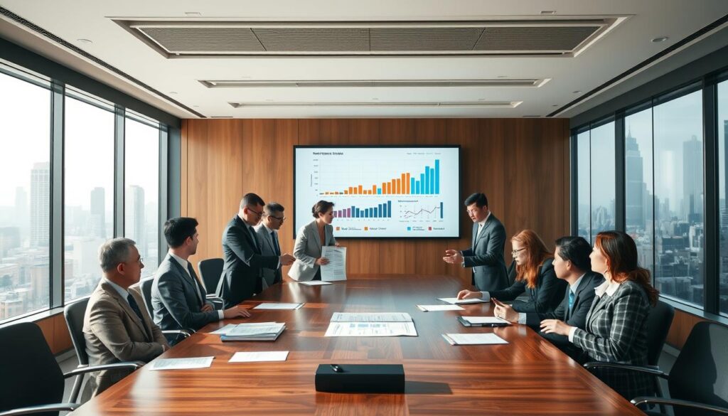 A professional meeting room setting featuring diverse business professionals, including men and women in professional business attire, engaged in a discussion about the recent amendments to the state-owned enterprises law. In the foreground, a large wooden conference table is surrounded by individuals analyzing documents and pointing at charts. The middle layer includes a large screen displaying graphs and legal documents related to the regulations. The background features a large window with city skyline views, highlighting a dynamic urban environment, drenched in soft natural light. The atmosphere conveys a sense of collaboration, professionalism, and forward-thinking, emphasizing the importance of the legal changes being discussed. The scene is shot from a slightly elevated angle to capture the interaction across the table effectively. A professional meeting room setting featuring diverse business professionals, including men and women in professional business attire, engaged in a discussion about the recent amendments to the state-owned enterprises law. In the foreground, a large wooden conference table is surrounded by individuals analyzing documents and pointing at charts. The middle layer includes a large screen displaying graphs and legal documents related to the regulations. The background features a large window with city skyline views, highlighting a dynamic urban environment, drenched in soft natural light. The atmosphere conveys a sense of collaboration, professionalism, and forward-thinking, emphasizing the importance of the legal changes being discussed. The scene is shot from a slightly elevated angle to capture the interaction across the table effectively.