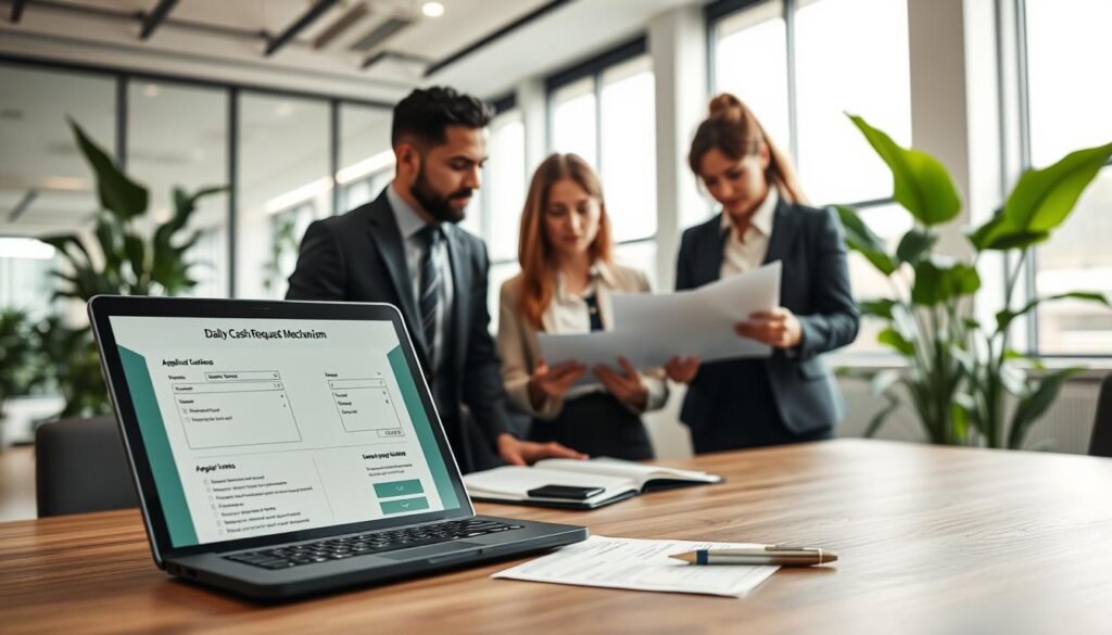 A professional office scene illustrating the "daily cash request mechanism." In the foreground, a neatly arranged desk with a laptop displaying a financial application form and a calculator, alongside a pen. A diverse group of three business professionals – a man in a tailored suit, a woman in smart casual attire, and another individual in business formal – is engaged in discussion, reviewing documents together. The middle background features a modern office environment with large windows allowing natural light to fill the space. Formal plants are positioned strategically to enhance the atmosphere, which feels productive and collaborative. The lighting is bright and even, creating a warm and inviting mood. The perspective is slightly tilted to give depth to the office space, emphasizing the focus on teamwork and the process of daily cash requests. A professional office scene illustrating the "daily cash request mechanism." In the foreground, a neatly arranged desk with a laptop displaying a financial application form and a calculator, alongside a pen. A diverse group of three business professionals – a man in a tailored suit, a woman in smart casual attire, and another individual in business formal – is engaged in discussion, reviewing documents together. The middle background features a modern office environment with large windows allowing natural light to fill the space. Formal plants are positioned strategically to enhance the atmosphere, which feels productive and collaborative. The lighting is bright and even, creating a warm and inviting mood. The perspective is slightly tilted to give depth to the office space, emphasizing the focus on teamwork and the process of daily cash requests.