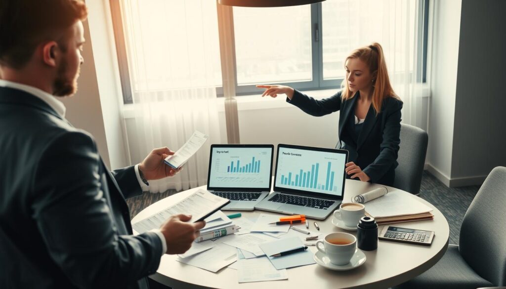 A professional office setting with two individuals engaged in a discussion about business travel expenses. In the foreground, a man in a suit, holding a pen and a notebook, reviews a travel expenses spreadsheet. Beside him, a woman in business casual attire gestures towards a laptop displaying graphs and charts related to reimbursement types. In the middle, a round conference table cluttered with travel documents, receipts, and coffee cups represents the chaotic nature of expense management. The background features a large window with sunlight pouring in, illuminating the workspace and creating a warm, productive atmosphere. The overall mood reflects focus and collaboration, with soft lighting enhancing the professionalism of the scene. A professional office setting with two individuals engaged in a discussion about business travel expenses. In the foreground, a man in a suit, holding a pen and a notebook, reviews a travel expenses spreadsheet. Beside him, a woman in business casual attire gestures towards a laptop displaying graphs and charts related to reimbursement types. In the middle, a round conference table cluttered with travel documents, receipts, and coffee cups represents the chaotic nature of expense management. The background features a large window with sunlight pouring in, illuminating the workspace and creating a warm, productive atmosphere. The overall mood reflects focus and collaboration, with soft lighting enhancing the professionalism of the scene.