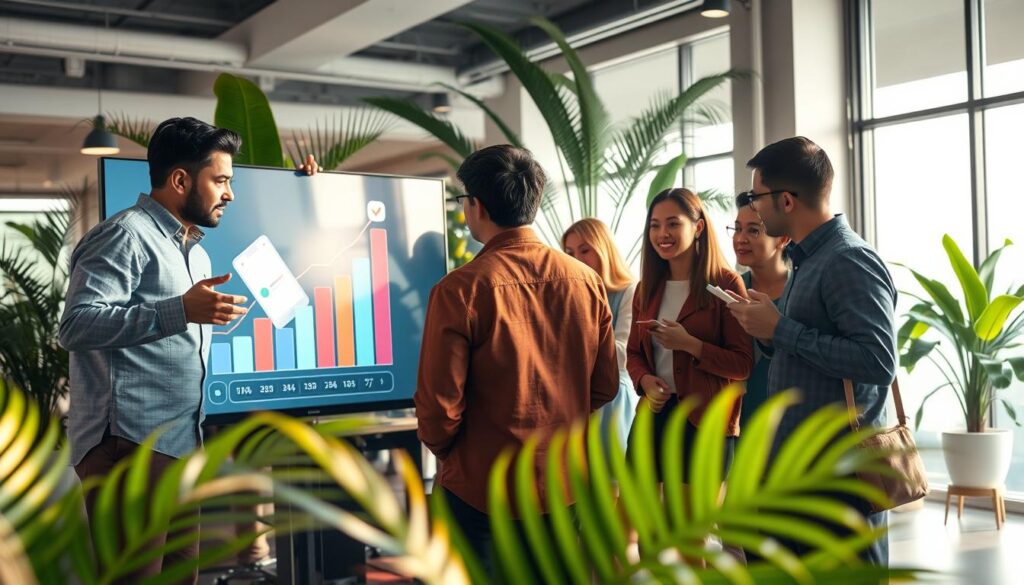 A vibrant and engaging scene depicting the benefits of running a viral business in Indonesia. In the foreground, a diverse group of entrepreneurs—men and women of various ethnicities—are gathered around a large digital screen displaying rising graphs and social media icons, signifying the success of their viral campaigns. In the middle ground, energetic discussions are taking place, with some individuals taking notes, showcasing collaboration and innovation. The background features a stylish modern office environment with tropical plants and large windows allowing natural light to flood in, creating a bright and optimistic atmosphere. Use soft, warm lighting to enhance a sense of positivity and growth. The composition should have a dynamic angle, suggesting movement and excitement as the entrepreneurs engage with their ideas. A vibrant and engaging scene depicting the benefits of running a viral business in Indonesia. In the foreground, a diverse group of entrepreneurs—men and women of various ethnicities—are gathered around a large digital screen displaying rising graphs and social media icons, signifying the success of their viral campaigns. In the middle ground, energetic discussions are taking place, with some individuals taking notes, showcasing collaboration and innovation. The background features a stylish modern office environment with tropical plants and large windows allowing natural light to flood in, creating a bright and optimistic atmosphere. Use soft, warm lighting to enhance a sense of positivity and growth. The composition should have a dynamic angle, suggesting movement and excitement as the entrepreneurs engage with their ideas.