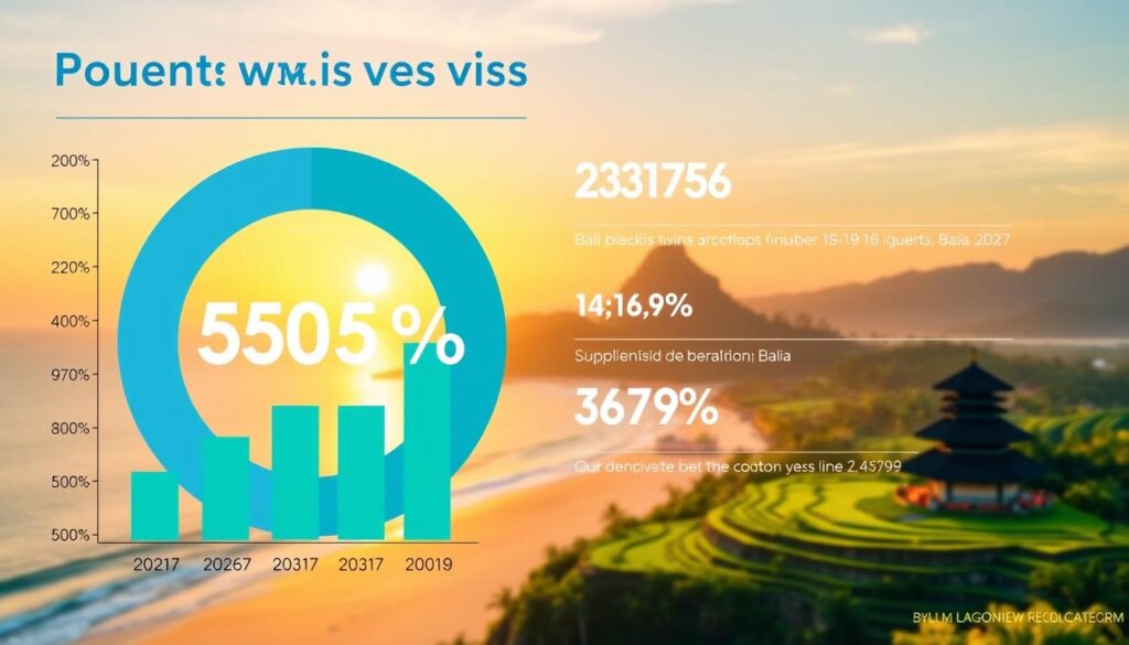 A vibrant and informative infographic showcasing data on tourist visits, highlighting recent statistics. In the foreground, a large pie chart and bar graph illustrate the steady growth in tourist numbers, using bright colors like blue and green for clarity. The middle layer features a stylized silhouette of Bali's iconic landscape, such as lush rice terraces and the beach, subtly integrated with data points. The background presents a soft, gradient sunset sky over Bali, exuding a warm, inviting atmosphere. The overall mood should convey optimism and liveliness, reflecting a bustling tourism scene. Use bright, natural lighting to enhance visibility and create an engaging, professional look, aiming for a clean and modern design aesthetic.