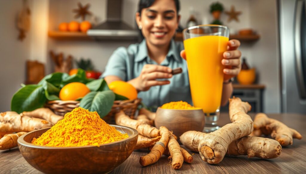 A vibrant, visually appealing composition showcasing the health benefits of turmeric. In the foreground, a wooden bowl filled with bright yellow turmeric powder, surrounded by fresh turmeric roots. Beside it, a variety of colorful fruits and vegetables to symbolize a healthy diet, such as oranges, spinach, and ginger. The middle ground features a person in modest, casual clothing, gentley preparing a turmeric-infused drink in a clear glass, displaying an expression of enjoyment and health. The background is a softly blurred kitchen setting illuminated by warm, natural light, creating an inviting atmosphere. The overall mood should feel uplifting and informative, reflecting the theme of health and wellness. The scene is captured from an eye-level angle, providing an engaging perspective.
