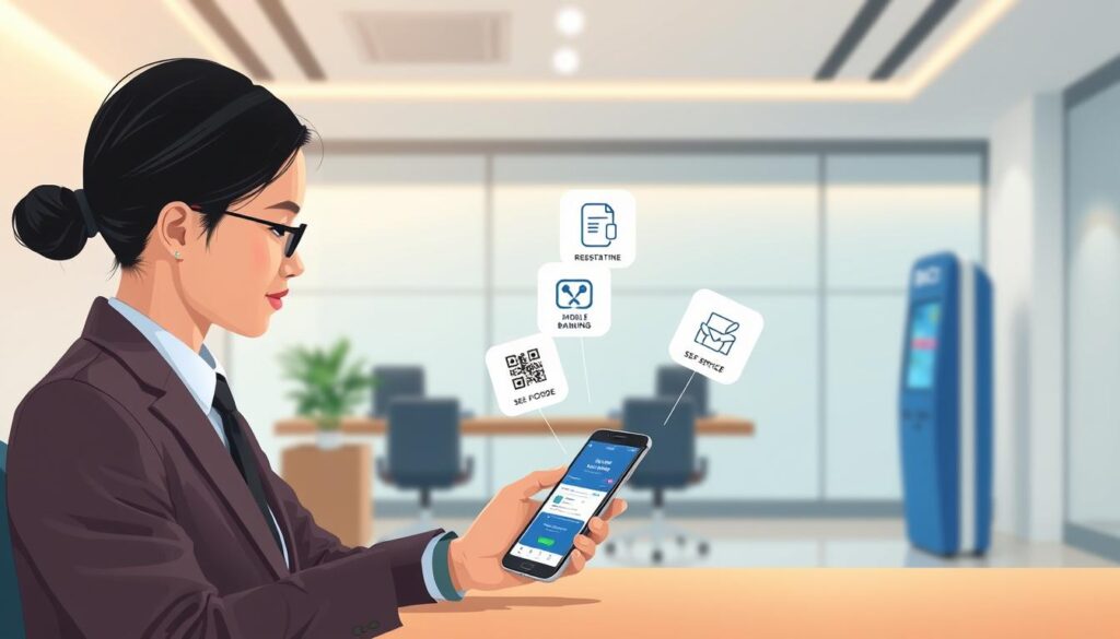 A visually detailed illustration depicting the various methods of BCA mobile registration. In the foreground, a professional individual in smart, modest attire is seated at a desk, interacting with a smartphone displaying the BCA mobile banking app. The middle layer features floating icons representing different registration methods like QR code scanning, SMS, and self-service kiosks. The background features a sleek, modern office environment with soft lighting that creates a welcoming atmosphere. The angle is slightly above eye level, giving a clear view of the smartphone screen. The overall mood is fresh and innovative, aiming to communicate ease and efficiency in the registration process. A visually detailed illustration depicting the various methods of BCA mobile registration. In the foreground, a professional individual in smart, modest attire is seated at a desk, interacting with a smartphone displaying the BCA mobile banking app. The middle layer features floating icons representing different registration methods like QR code scanning, SMS, and self-service kiosks. The background features a sleek, modern office environment with soft lighting that creates a welcoming atmosphere. The angle is slightly above eye level, giving a clear view of the smartphone screen. The overall mood is fresh and innovative, aiming to communicate ease and efficiency in the registration process.